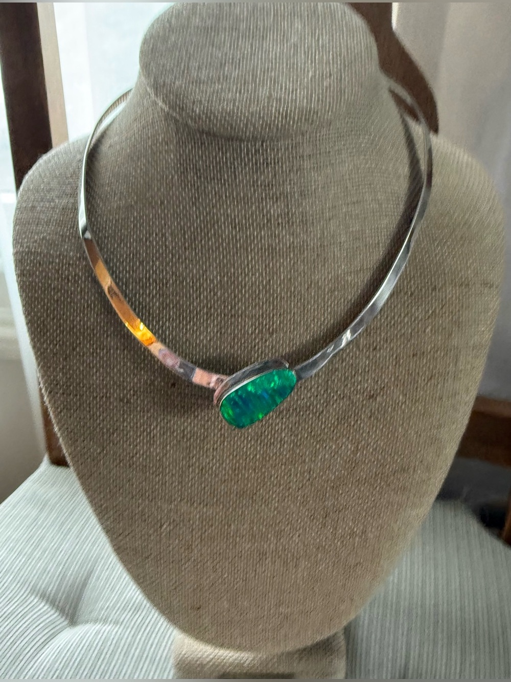 Taxco Mexico Sterling Silver Choker Necklace w/Green Opal Center 16 in vintage